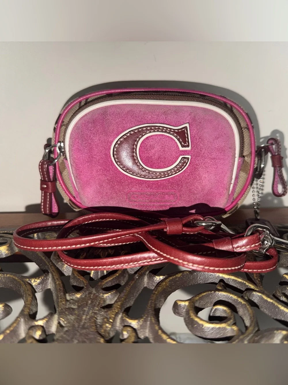 Coach Pink Suede 'C' Logo Crossbody Bag with Contrast Trim